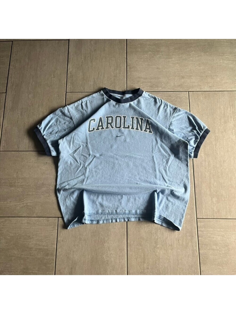 Vintage Nike Carolina Graphic Ringer T-Shirt Light Blue and Navy Large